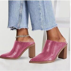 FOWT Crocodile Violet Pointed Toe Slip On Mules Stacked Block High Heel Sandal